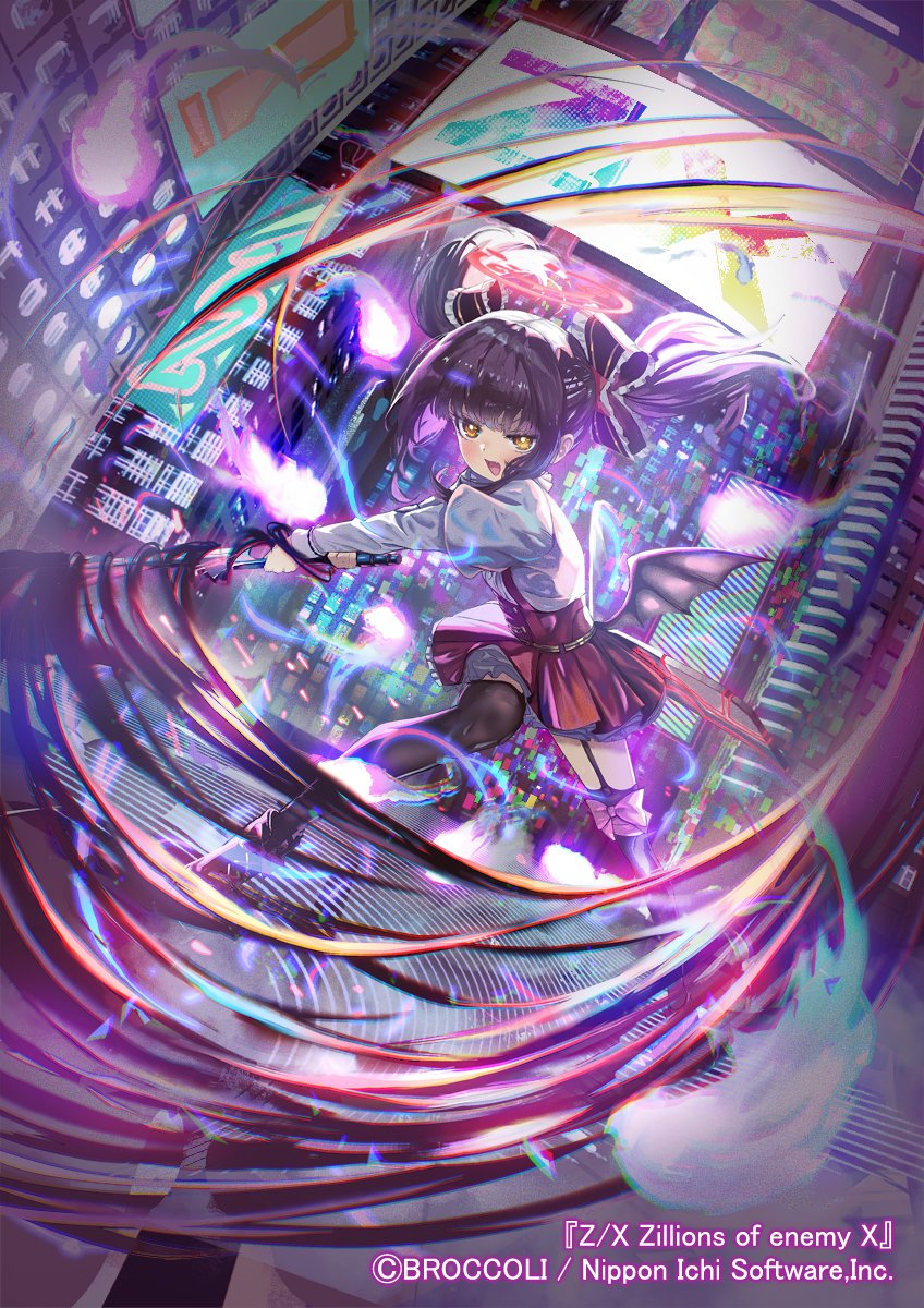 misago (525), z/x, highres, official art, 1girl, black thighhighs, black wings, bow, copyright notice, cyberpunk, dress, floating hair, hair bow, halo, hitodama, mystica sanctus, open mouth, pinafore dress, purple hair, red halo, sleeveless, sleeveless dress, solo, thighhighs, twintails, wings, yellow eyes
