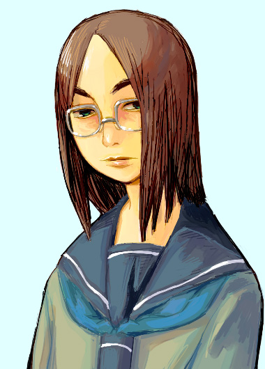 outtake, 1girl, brown hair, female focus, glasses, green eyes, long hair, school uniform, simple background, solo