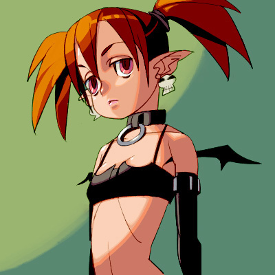 outtake, etna (disgaea), disgaea, lowres, 1girl, choker, female focus, pointy ears, skull, solo, twintails, wings