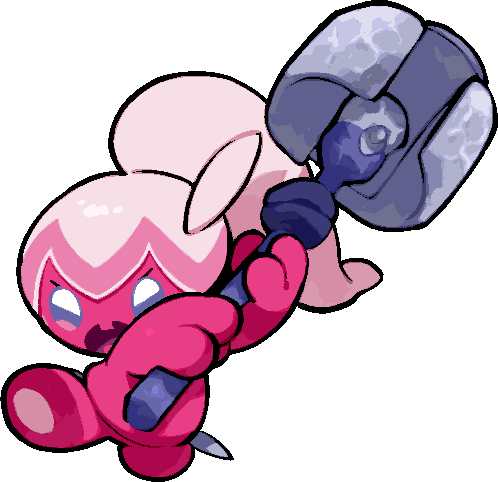 kawaanago, tinkatuff, nintendo, pokemon, commentary request, lowres, eyelashes, full body, hammer, holding, holding hammer, open mouth, pokemon (creature), pokemon focus, ponytail, solo, standing, standing on one leg, transparent background