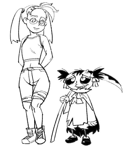 outtake, child, glasses, scythe, twintails