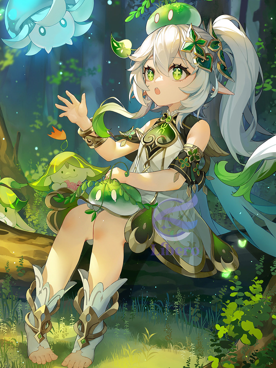 libero art, aranara (genshin impact), dendro slime (genshin impact), fungi (genshin impact), nahida (genshin impact), slime (genshin impact), genshin impact, commentary, english commentary, highres, 1girl, :o, bare shoulders, cross-shaped pupils, day, detached sleeves, dress, forest, gold trim, gradient hair, green eyes, green hair, green sleeves, hair between eyes, hair ornament, hand up, leaf hair ornament, long hair, multicolored hair, nature, outdoors, pointy ears, side ponytail, sleeveless, sleeveless dress, solo, stirrup legwear, symbol-shaped pupils, toeless legwear, toes, watermark, white dress, white hair