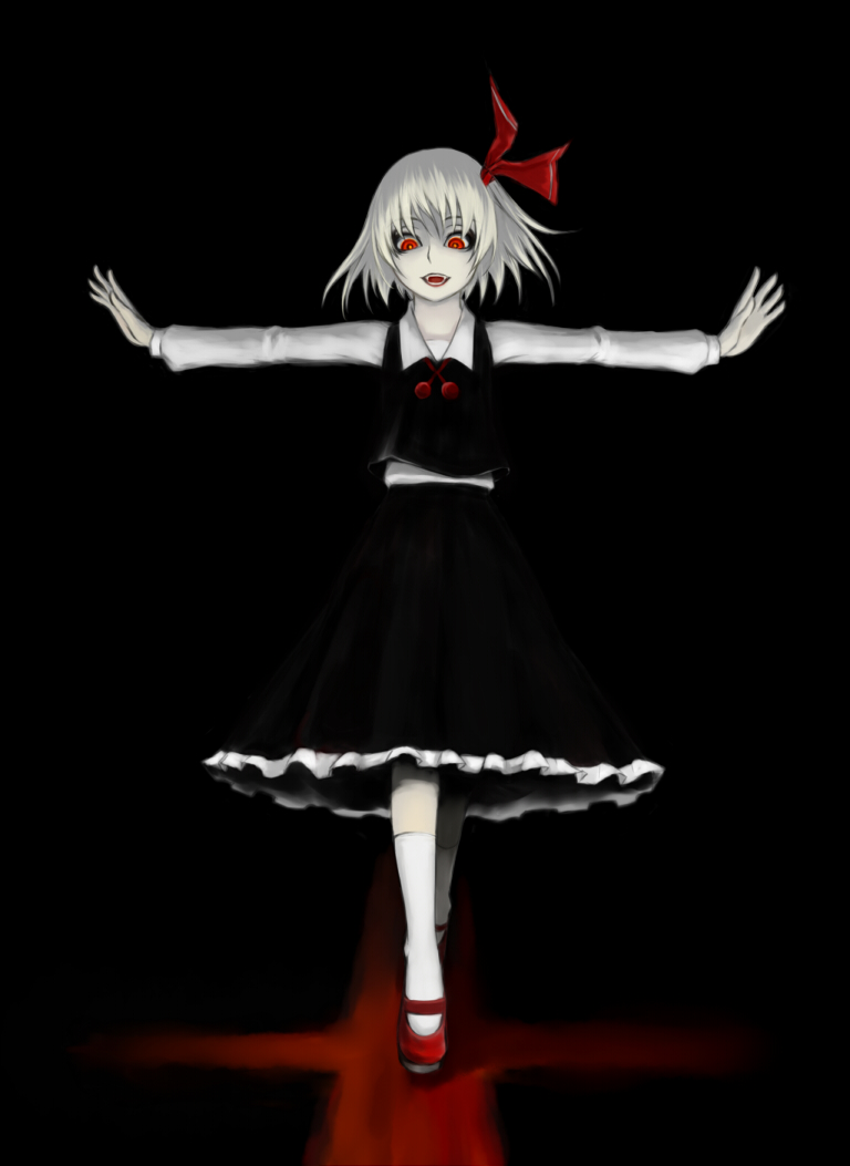 sawa (textic), rumia, embodiment of scarlet devil, touhou, 1girl, black background, blouse, collared shirt, dark, darkness, fangs, female focus, hair ribbon, monochrome, outstretched arms, red eyes, ribbon, shirt, short hair, solo, spot color, spread arms, white shirt