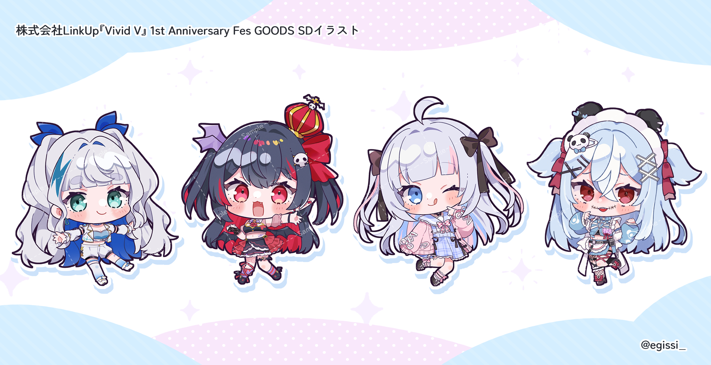 ikichi crea, commentary request, highres, 4girls, :3, :d, ;q, ahoge, awanone poka, black bow, black hair, black shirt, black shoes, blue dress, blue eyes, blue hair, blue ribbon, blue shirt, blue skirt, blunt bangs, blush stickers, bow, bowtie, cardigan, closed mouth, crop top, crown, double-parted bangs, dress, drop shadow, egissi, frilled skirt, frills, full body, green eyes, grey shoes, hair between eyes, hair bow, hair ornament, hair ribbon, hairclip, hat, jacket, kuchisaki nero, long sleeves, looking at viewer, midriff, multicolored hair, multiple girls, nanase yui (vivid v), navel, one eye closed, open cardigan, open clothes, open jacket, open mouth, outline, parallel hairclips, pink bow, pink bowtie, pink cardigan, pink hair, plaid clothes, plaid skirt, red bow, red eyes, red hair, red socks, ribbon, sailor collar, shirt, shoes, shorts, skirt, smile, socks, standing, standing on one leg, tongue, tongue out, twitter username, two-tone hair, two side up, virtual youtuber, vivid v, white background, white hair, white hat, white jacket, white outline, white sailor collar, white shorts, x hair ornament