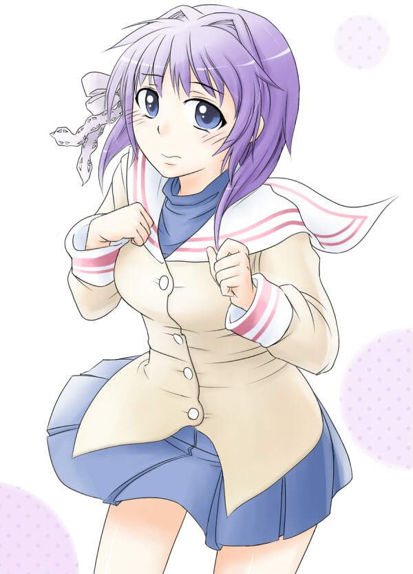 yoekosukii, fujibayashi ryou, clannad, 00s, blue eyes, purple hair, school uniform, short hair, solo