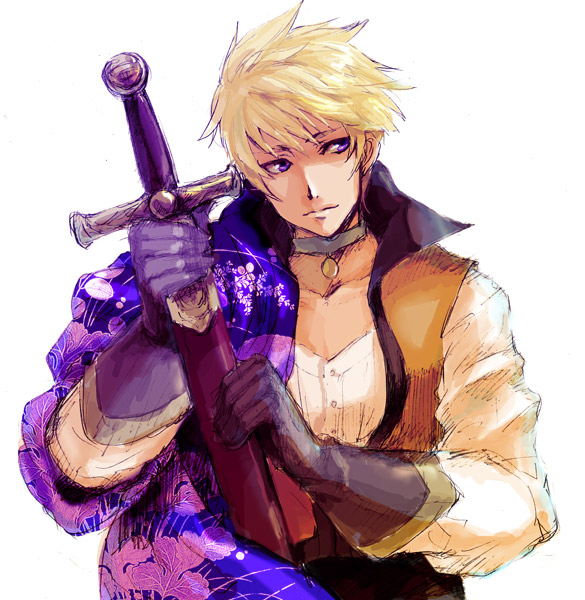 guy cecil, tales of (series), tales of the abyss, 00s, blonde hair, blue eyes, choker, gloves, male focus, sheath, sheathed, solo, sword, weapon, white background