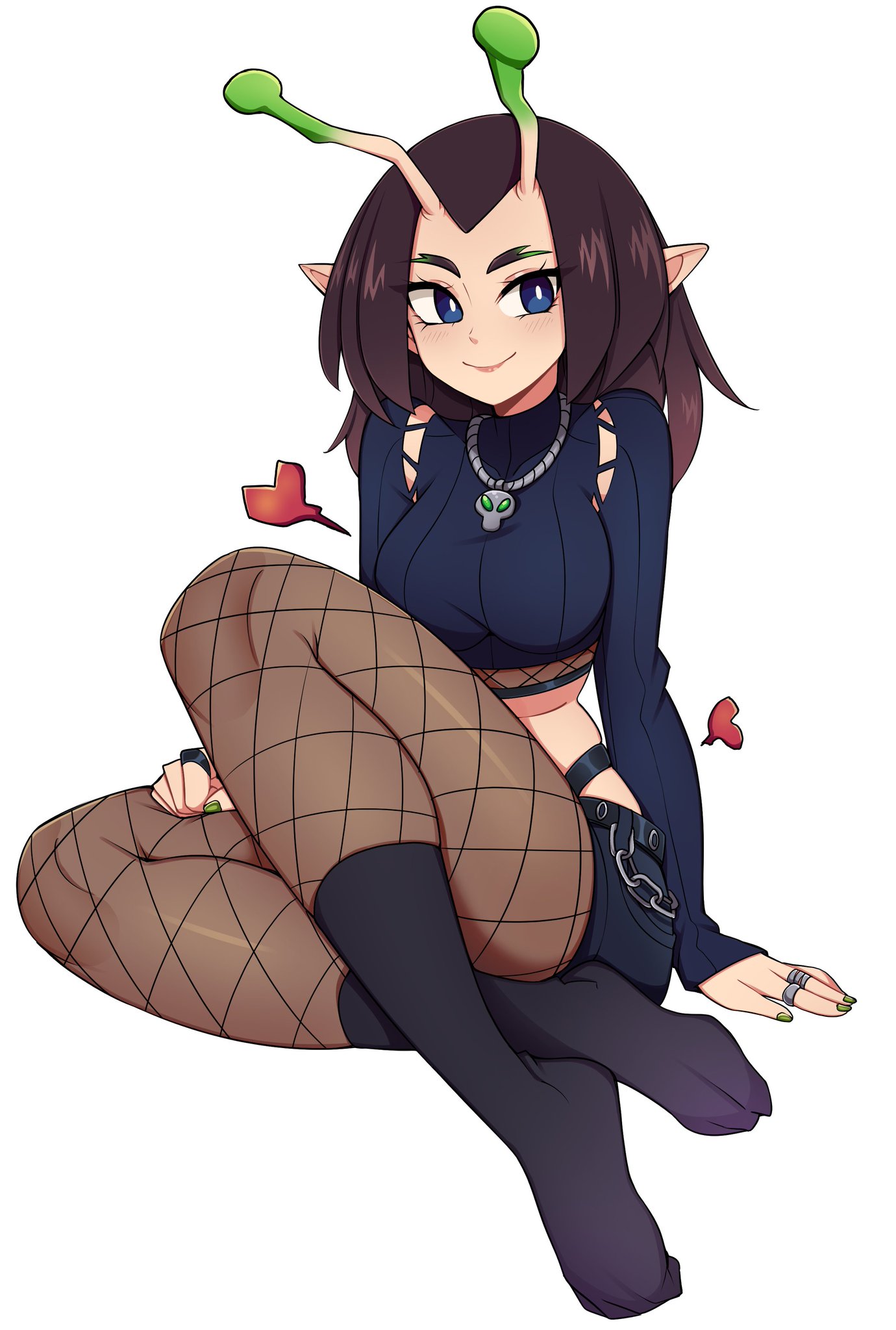 oninuer, mantis (marvel), guardians of the galaxy, marvel, marvel rivals, highres, 1girl, alien, antennae, black hair, blue eyes, blush, breasts, closed mouth, fishnet pantyhose, fishnets, large breasts, long hair, looking at viewer, pantyhose, pointy ears, shorts, simple background, smile, solo