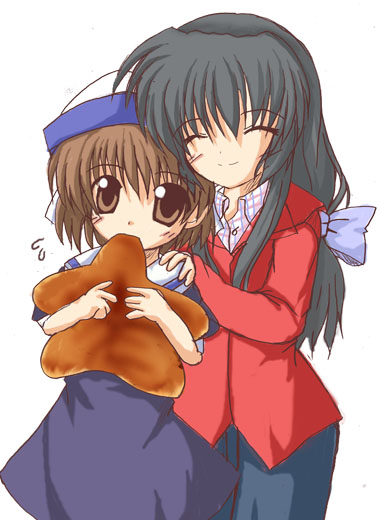 shikine, ibuki fuuko, okazaki ushio, clannad, 00s, black hair, bread, brown eyes, brown hair, eating, food, hat, hug, long hair, school uniform, short hair, starfish