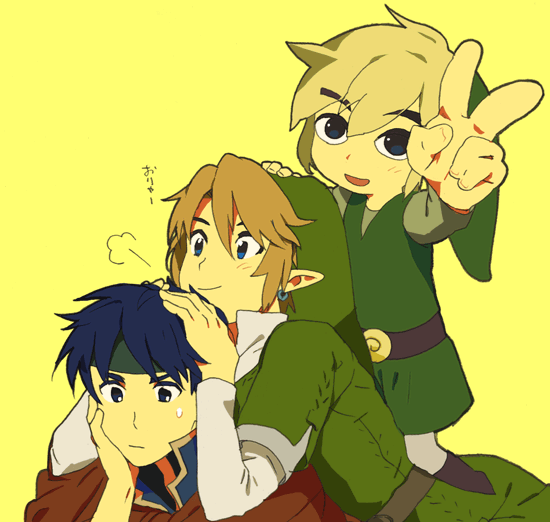 uichi, ike (fire emblem), link, toon link, fire emblem, fire emblem: path of radiance, nintendo, super smash bros., the legend of zelda, 3boys, blonde hair, blue eyes, blue hair, chin rest, crossover, earrings, hat, head on head, head rest, headband, hug, hug from behind, jewelry, male focus, multiple boys, pointy ears, simple background, smile, v, yellow background