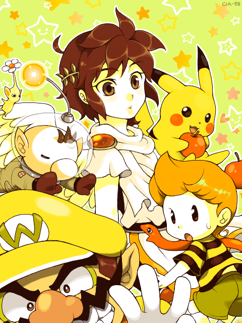 lucas (mother 3), olimar, pikachu, pit (kid icarus), rope snake, wario, kid icarus, mario (series), mother (series), mother 3, nintendo, pikmin (series), pokemon, super smash bros., warioware, striped, artist request, 4boys, :o, apple, blonde hair, bracer, brown eyes, brown hair, facial hair, feathered wings, flower, food, fruit, gen 1 pokemon, gloves, hat, heart, helmet, male focus, multiple boys, mustache, pikmin (creature), pokemon (creature), quiff, smile, snake, spacesuit, star (symbol), sweatdrop, teeth, wings, yellow theme