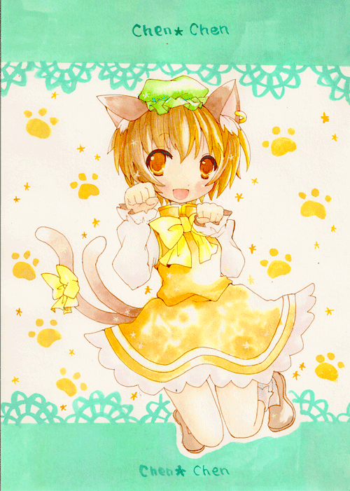 emo (artist), emo (mikan), chen, touhou, bad id, bad pixiv id, 1girl, animal ears, brown hair, cat ears, cat girl, cat tail, character name, dress, earrings, female focus, full body, hat, jewelry, multiple tails, orange eyes, paw pose, ribbon, short hair, solo, tail, tail ornament, tail ribbon