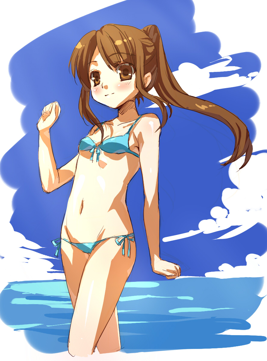 xiangtu, bad id, bad pixiv id, highres, aqua bikini, bikini, brown eyes, brown hair, day, long hair, lowleg, lowleg bikini, ponytail, solo, swimsuit