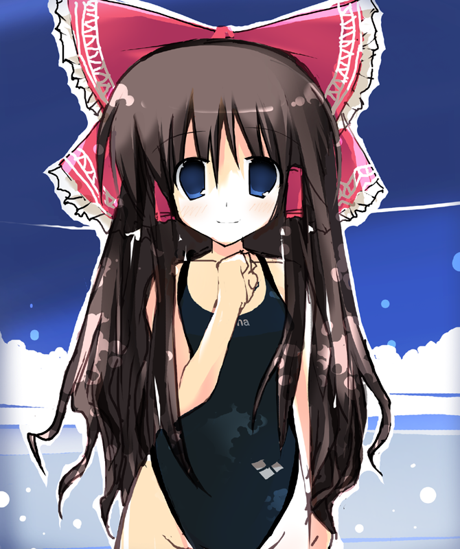 testman, wahiko (black bastard), hakurei reimu, touhou, 1girl, blue eyes, brown hair, competition swimsuit, female focus, gradient background, long hair, one-piece swimsuit, outdoors, sky, solo, swimsuit