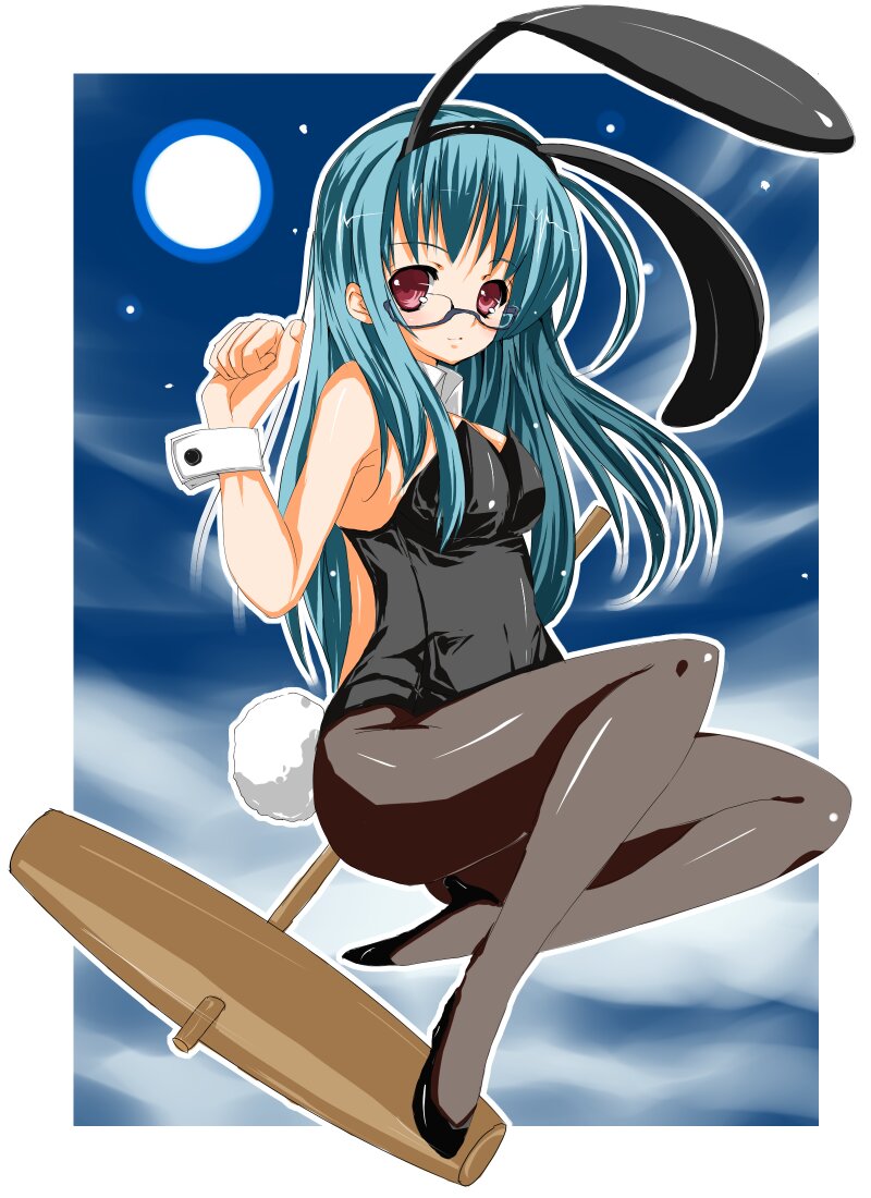 itan hako, original, 1girl, animal ears, detached collar, fake animal ears, female focus, full moon, glasses, green hair, jumping, long hair, mallet, moon, pantyhose, playboy bunny, rabbit ears, rabbit tail, red eyes, solo