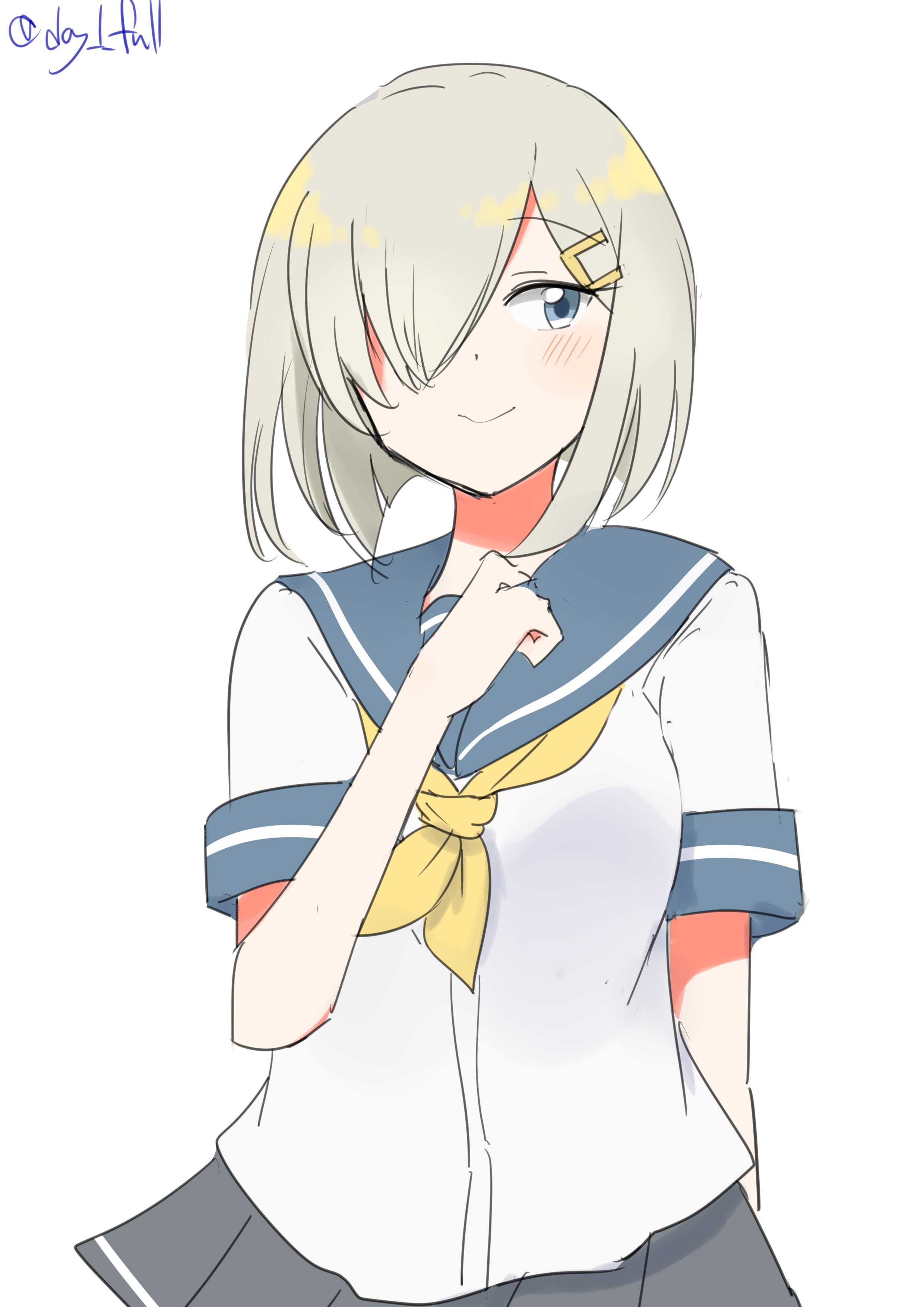 robinson (day l full), hamakaze (kancolle), kantai collection, absurdres, highres, 1girl, blue eyes, blue sailor collar, grey hair, grey skirt, hair ornament, hair over one eye, hairclip, neckerchief, one-hour drawing challenge, pleated skirt, sailor collar, sailor shirt, school uniform, serafuku, shirt, short hair, simple background, skirt, solo, twitter username, white background, white shirt, yellow neckerchief