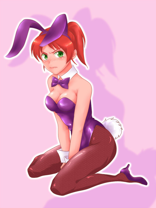 hitoki, animal ears, blush, brown hair, fake animal ears, fishnet pantyhose, fishnets, green eyes, kneeling, pantyhose, playboy bunny, ponytail, rabbit ears, short hair, solo