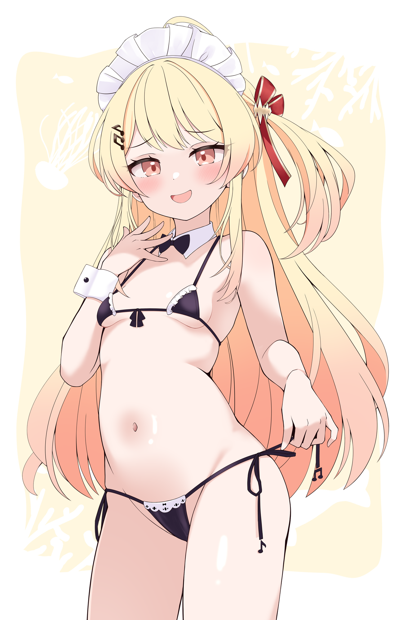 cocozasa, otonose kanade, hololive, hololive dev is, commentary request, highres, partial commentary, 1girl, bikini, blonde hair, bow, bowtie, breasts, detached collar, fortissimo, frills, hair ornament, hair ribbon, hairclip, long hair, maid headdress, micro bikini, musical note, musical note hair ornament, navel, one side up, open mouth, orange eyes, ribbon, small breasts, smile, smug, solo, stomach, string bikini, swimsuit, virtual youtuber, wrist cuffs