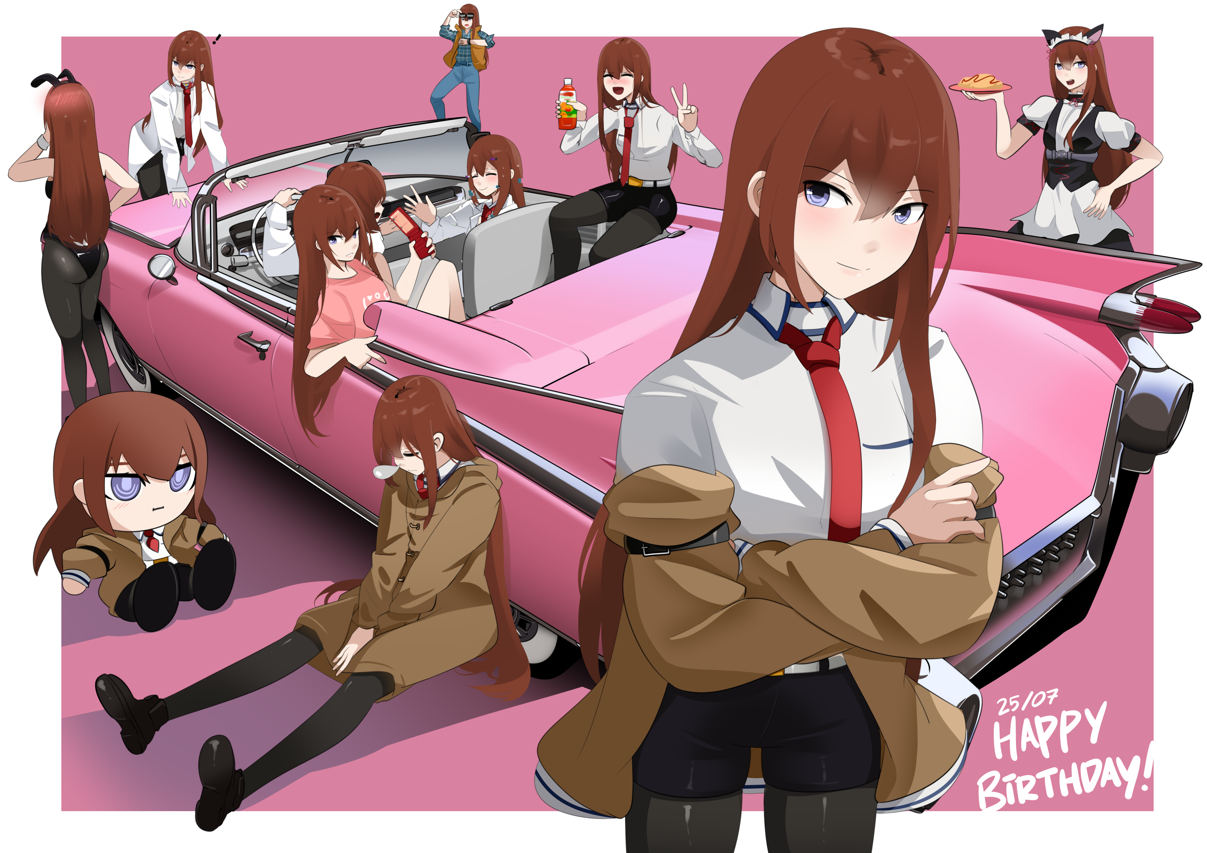 holeecrab, makise kurisu, marty mcfly, back to the future, cadillac, science adventure, steins;gate, absurdres, commentary, english commentary, highres, !, animal ears, ass, birthday, black pantyhose, black shorts, border, bottle, brown hair, brown jacket, car, cat ears, cosplay, crossed legs, dated, denim, fake animal ears, food, happy birthday, holding, holding bottle, holding plate, jacket, jeans, lab coat, long hair, long sleeves, looking at viewer, looking at watch, maid, maid headdress, marty mcfly (cosplay), motor vehicle, multiple persona, necktie, official alternate costume, omelet, omurice, pants, pantyhose, pantyhose under shorts, pink background, pink shirt, plate, playboy bunny, puffy short sleeves, puffy sleeves, purple eyes, red necktie, shirt, short sleeves, shorts, simple background, steering wheel, sunglasses, t-shirt, v, vest, white border, white shirt