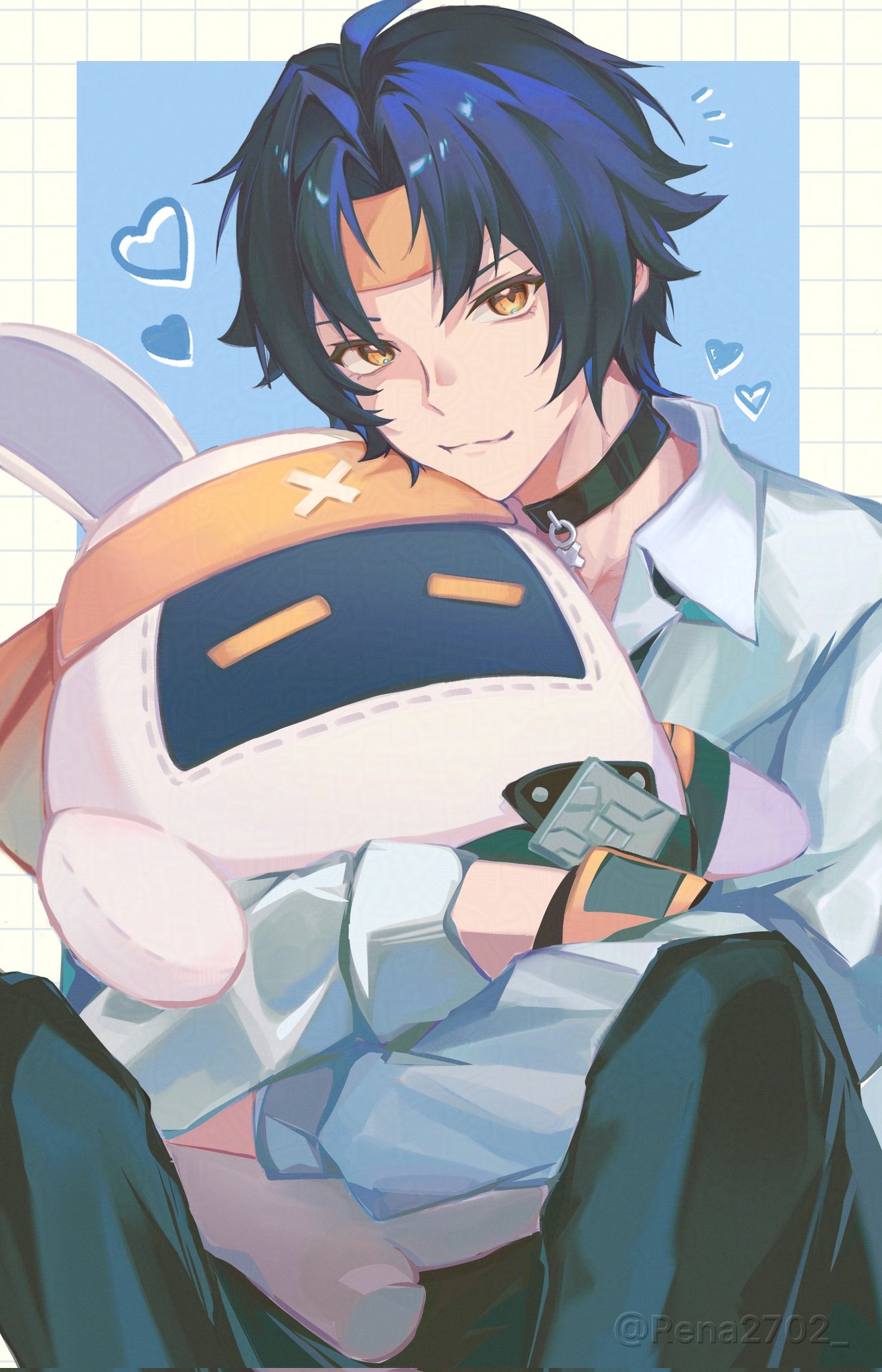 rena2702, asaba harumasa, asaboo (zenless zone zero), bangboo (zenless zone zero), zenless zone zero, commentary, highres, 1boy, 1other, black hair, black pants, blue background, checkered background, choker, closed mouth, gloves, headband, heart, hug, looking at viewer, male focus, pants, parted bangs, shirt, short hair, sitting, sleeves rolled up, twitter username, white shirt, yellow eyes, yellow gloves, yellow headband