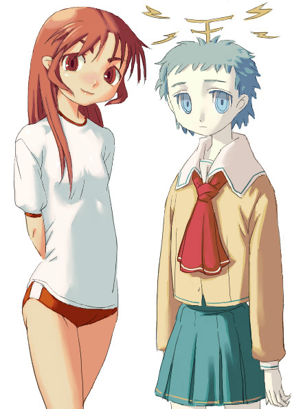 outtake, 2girls, buruma, multiple girls, red eyes, school uniform, short hair