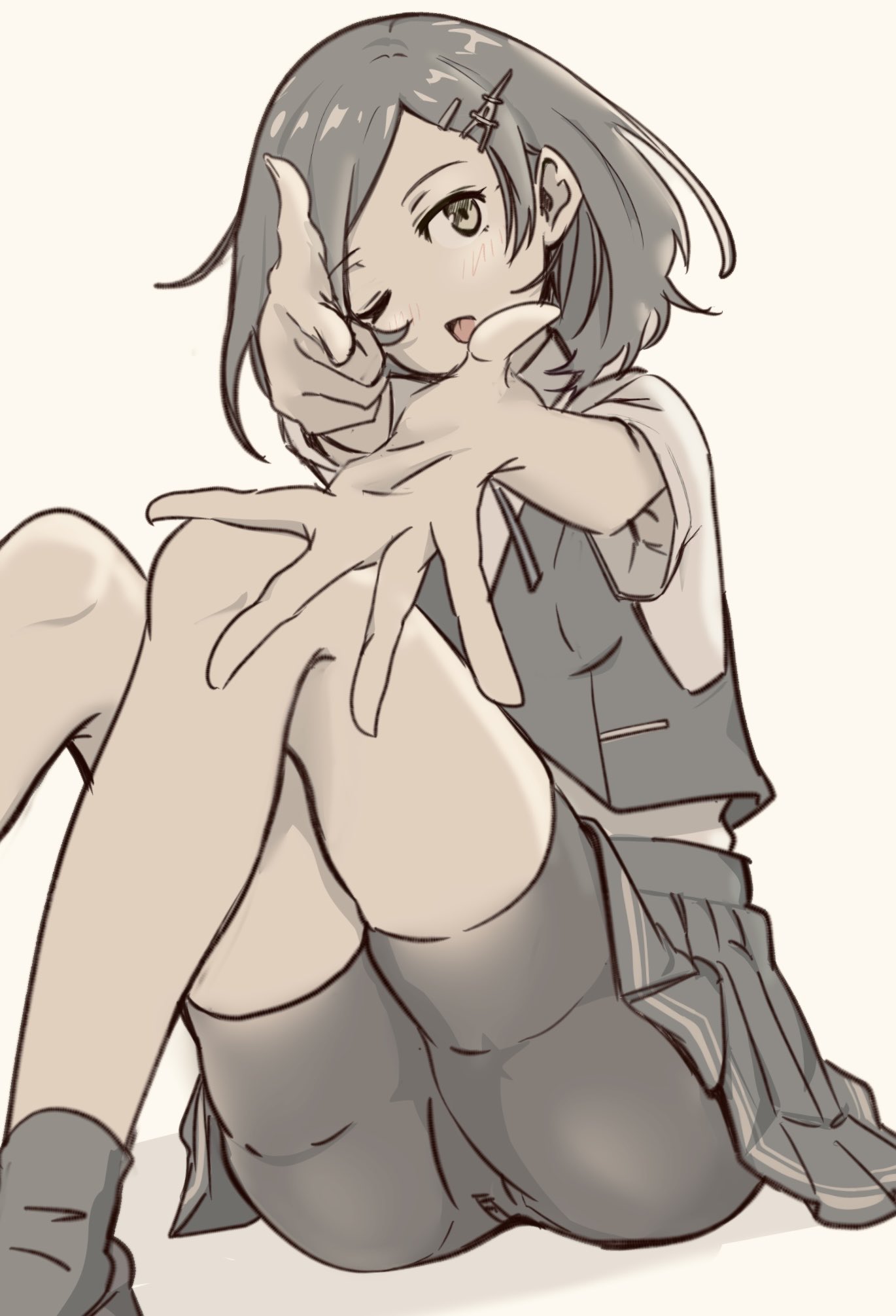 chakoru, kuroshio (kancolle), kuroshio kai ni (kancolle), kantai collection, commentary request, highres, 1girl, bike shorts, black shorts, black skirt, collared shirt, dress shirt, feet out of frame, finger gun, foreshortening, green eyes, hair ornament, hairclip, pleated skirt, shirt, short hair, short sleeves, shorts, simple background, sitting, skirt, solo, white background, white shirt