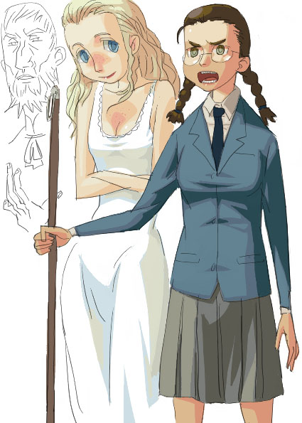 outtake, tagme, 2girls, blonde hair, breasts, cleavage, multiple girls, necktie