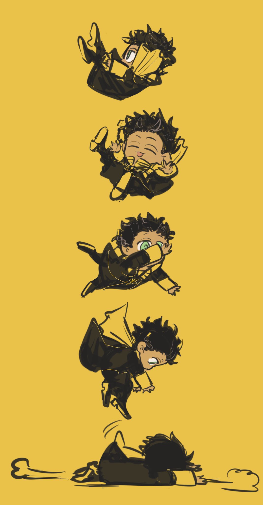 zattamaki, claude von riegan, fire emblem, fire emblem: three houses, nintendo, highres, 1boy, ^ ^, arms up, black hair, cape, closed eyes, dark-skinned male, dark skin, falling, garreg mach monastery uniform, green eyes, long sleeves, lying, male focus, on stomach, open mouth, school uniform, sequential, short hair, side cape, simple background, sleeve cuffs, smile, yellow background, yellow cape