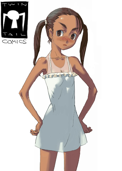 outtake, blush, dark skin, freckles, twintails