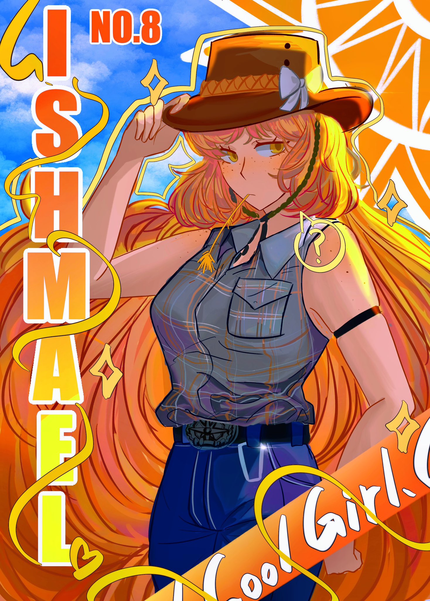 ishmael (project moon), limbus company, project moon, highres, 1girl, absurdly long hair, armband, armpit crease, bingoubing1, bow, character name, cloud, collared shirt, cow girl, cowboy hat, cowboy shot, cowboy western, denim, freckles, hair bow, hand on own hat, hat, jeans, long hair, looking to the side, orange hair, pants, shirt, sleeveless, solo, very long hair, yellow eyes