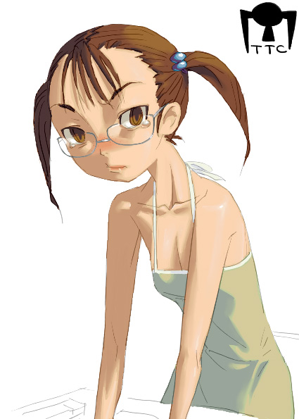 outtake, blush, breasts, brown eyes, brown hair, cleavage, glasses, skinny, tears, twintails