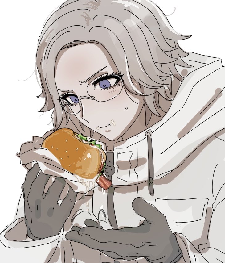 aotsuki eito, the hundred line -last defense academy-, 1boy, bacon, black gloves, burger, eating, food, food on face, glasses, gloves, grey hair, holding, holding burger, holding food, jacket, looking at food, male focus, nri (nrrr anri), purple eyes, short hair, simple background, solo, sweatdrop, upper body, white background, white jacket