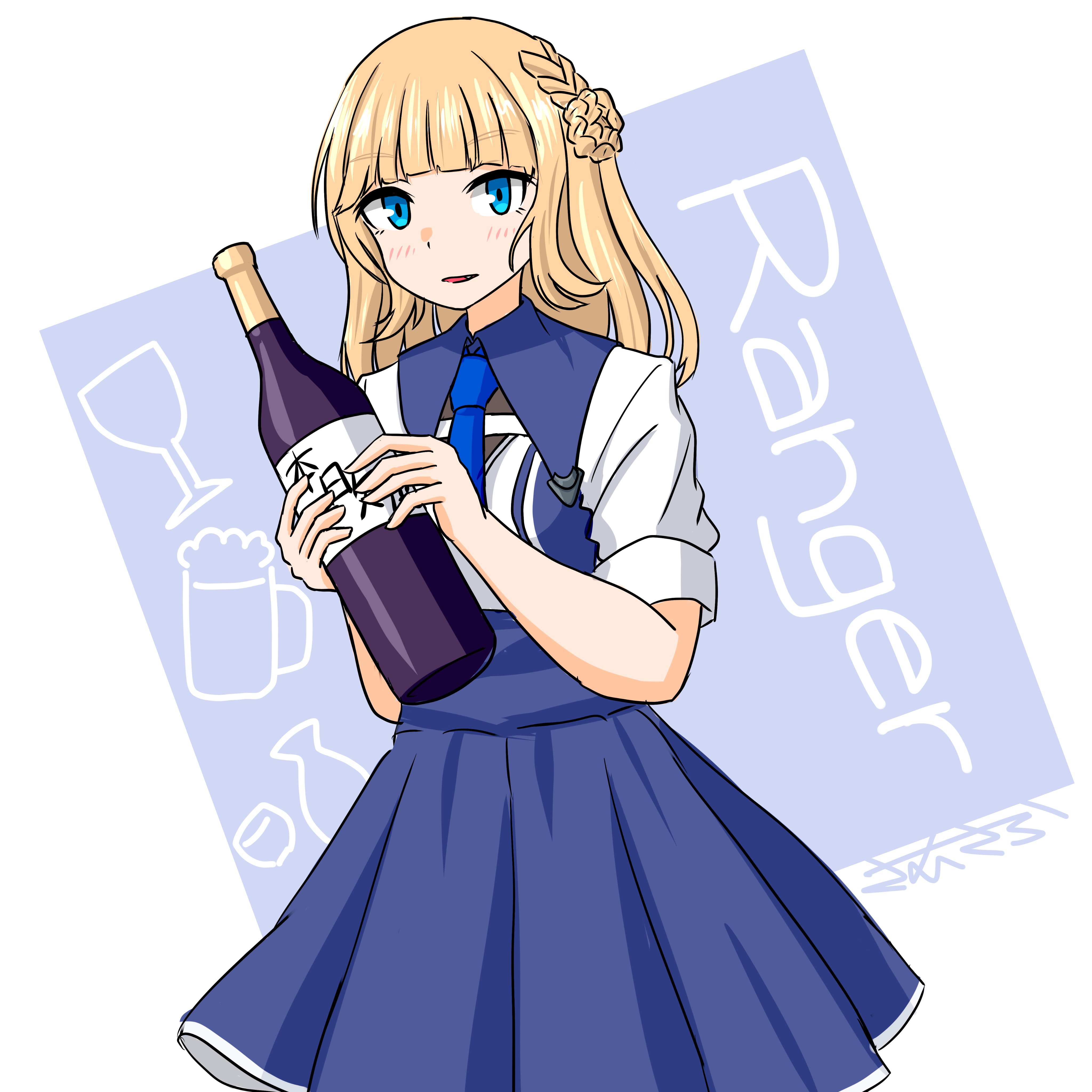 samusara, ranger (kancolle), kantai collection, absurdres, highres, 1girl, blonde hair, blue dress, blue eyes, blue necktie, bottle, braid, braided bun, character name, cowboy shot, dress, hair bun, holding, holding bottle, long hair, looking at viewer, necktie, side braids, single side bun, solo, two-tone dress, wine bottle