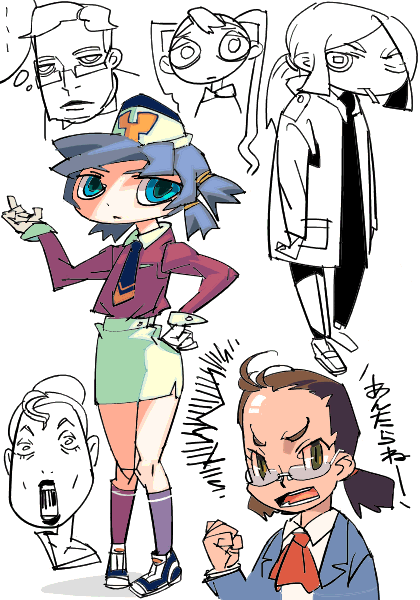 outtake, blue eyes, forehead, glasses, neckerchief, necktie