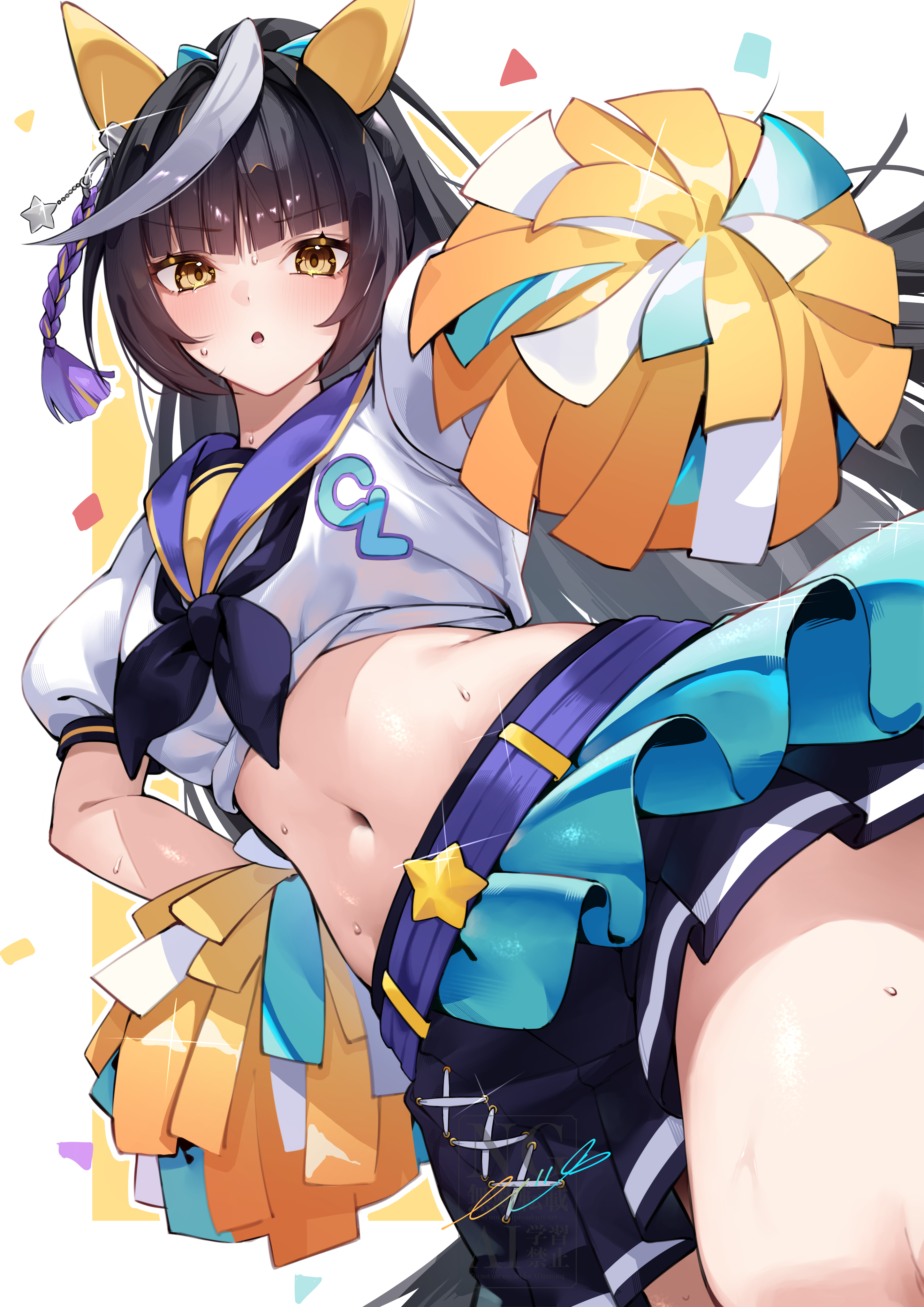 mono (mo n mno), calstone light o (umamusume), umamusume, absurdres, commentary request, highres, 1girl, animal ears, belt, black hair, black neckerchief, black skirt, blunt bangs, blush, breasts, crop top, ear covers, genkai made pom pon!!, hand on own hip, holding, holding pom poms, horse ears, horse girl, horse tail, layered skirt, long hair, looking at viewer, medium breasts, midriff, navel, neckerchief, official alternate costume, open mouth, pom pom (cheerleading), pom poms, puffy short sleeves, puffy sleeves, purple belt, shirt, short sleeves, simple background, skirt, solo, stomach, tail, thighs, white background, white hair, white shirt, white streaks