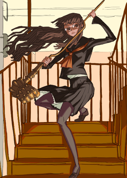 outtake, tagme, glasses, school uniform, thighhighs, weapon