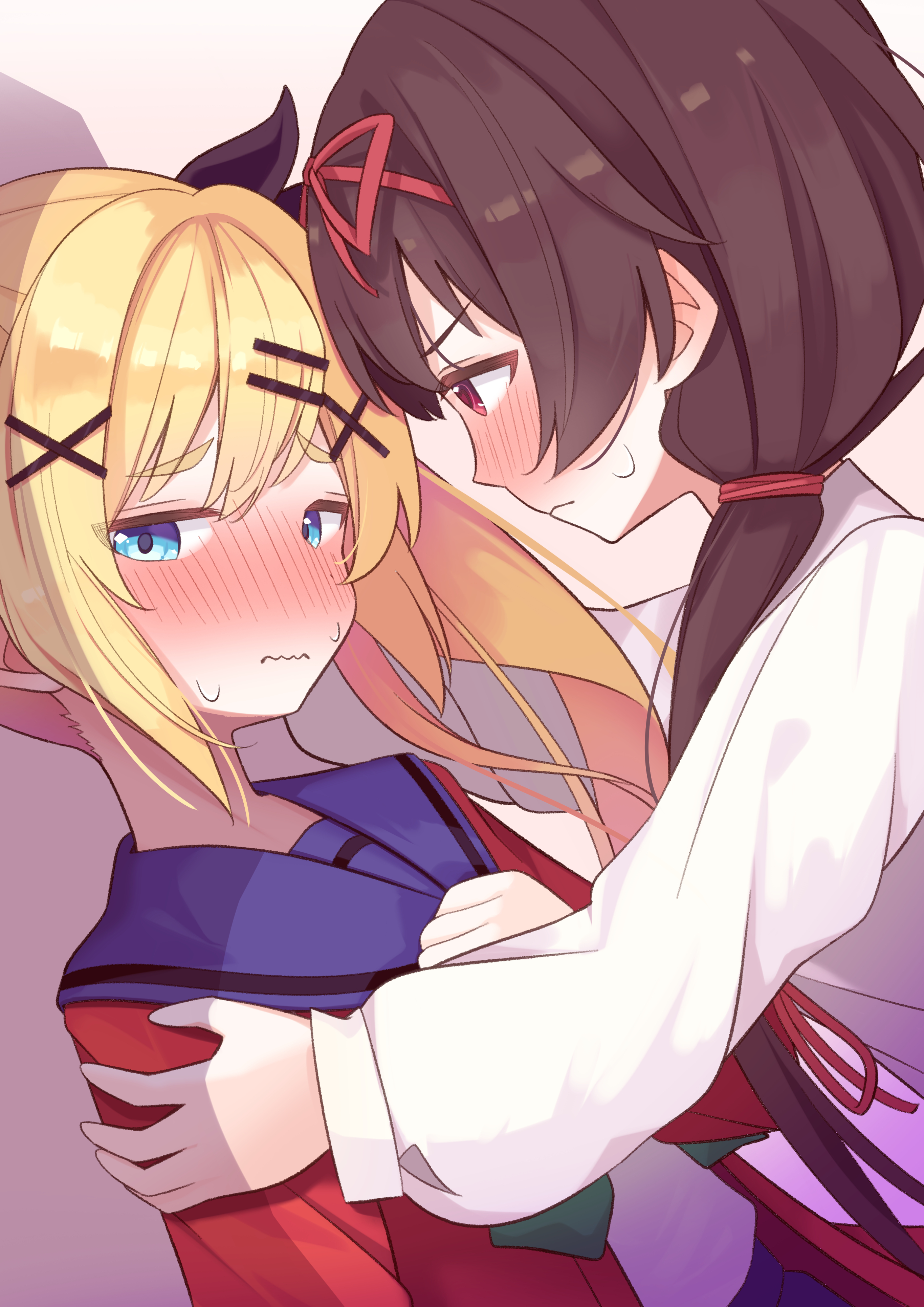 miyatanpo615, midori hemo, nukui hayu, ochikobore fruit tart, absurdres, commentary request, highres, 2girls, blonde hair, blue eyes, blue sailor collar, blush, brown hair, cardigan, closed mouth, hand on another's shoulder, looking at another, multiple girls, red cardigan, red eyes, sailor collar, shirt, side ponytail, sweat, twintails, white shirt, yuri