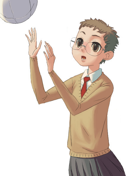 outtake, ball, glasses, school uniform, short hair
