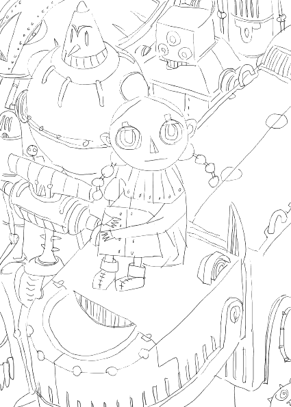 outtake, character request, copyright request, tagme, monochrome, robot, sitting