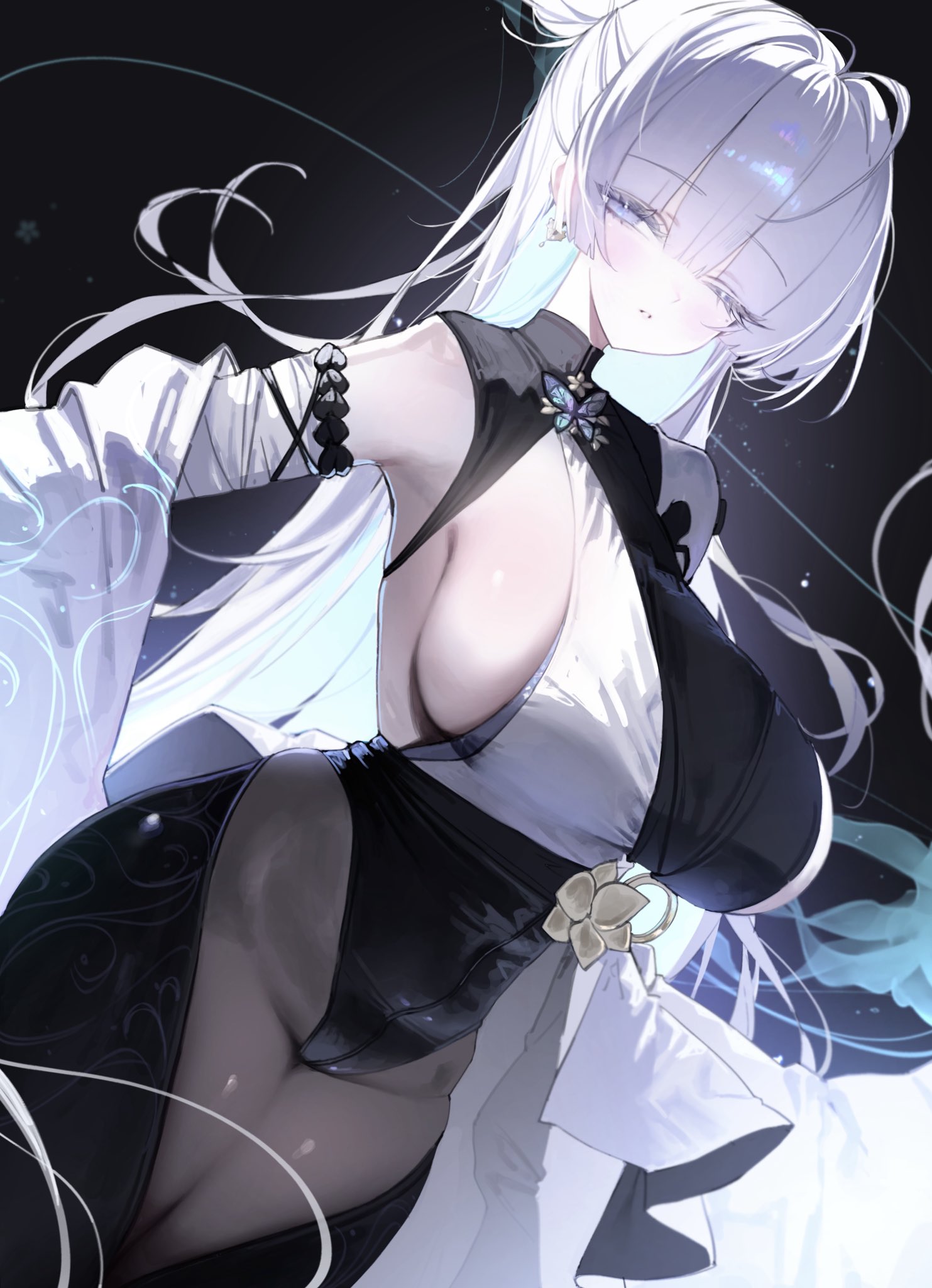amu1207, nayuta (nikke), goddess of victory: nikke, commentary, english commentary, highres, 1girl, black background, breasts, grey eyes, grey hair, large breasts, monk, no mole, one eye closed, solo, split-color clothes, thick eyelashes, thighs, unusually open eyes