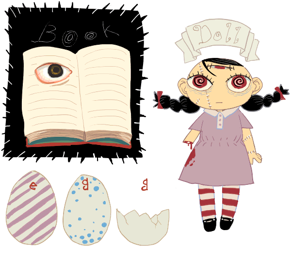 outtake, blood, book, doll, egg, red eyes, scar, stitches