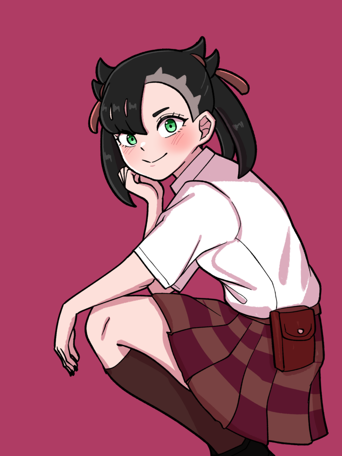 mnejing30, marnie (pokemon), nintendo, pokemon, pokemon swsh, highres, 1girl, asymmetrical bangs, asymmetrical hair, black hair, black nails, blush, closed mouth, from side, green eyes, hair ribbon, looking at viewer, medium hair, plaid clothes, plaid skirt, pouch, red background, red ribbon, ribbon, shirt, simple background, skirt, smile, socks, solo, squatting, twintails, white shirt