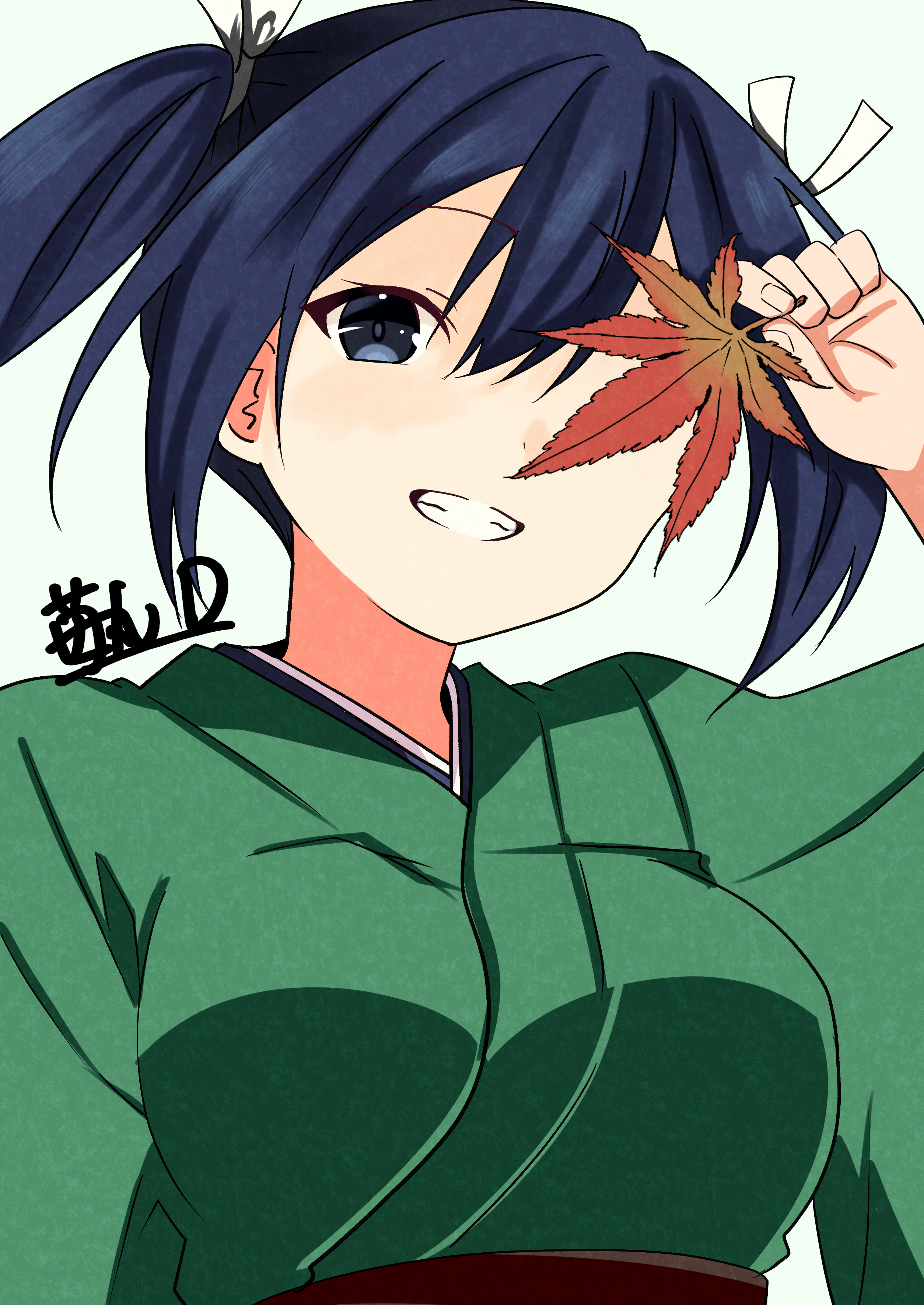 ichigomaru d, souryuu (kancolle), kantai collection, absurdres, highres, 1girl, artist name, blue eyes, blue hair, green kimono, grin, holding, holding leaf, japanese clothes, kimono, leaf, looking at viewer, maple leaf, simple background, smile, solo, upper body, white background
