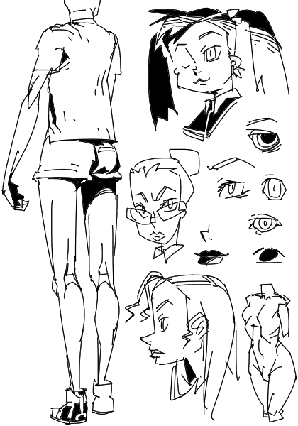 outtake, character request, copyright request, tagme, glasses, monochrome, shorts, twintails