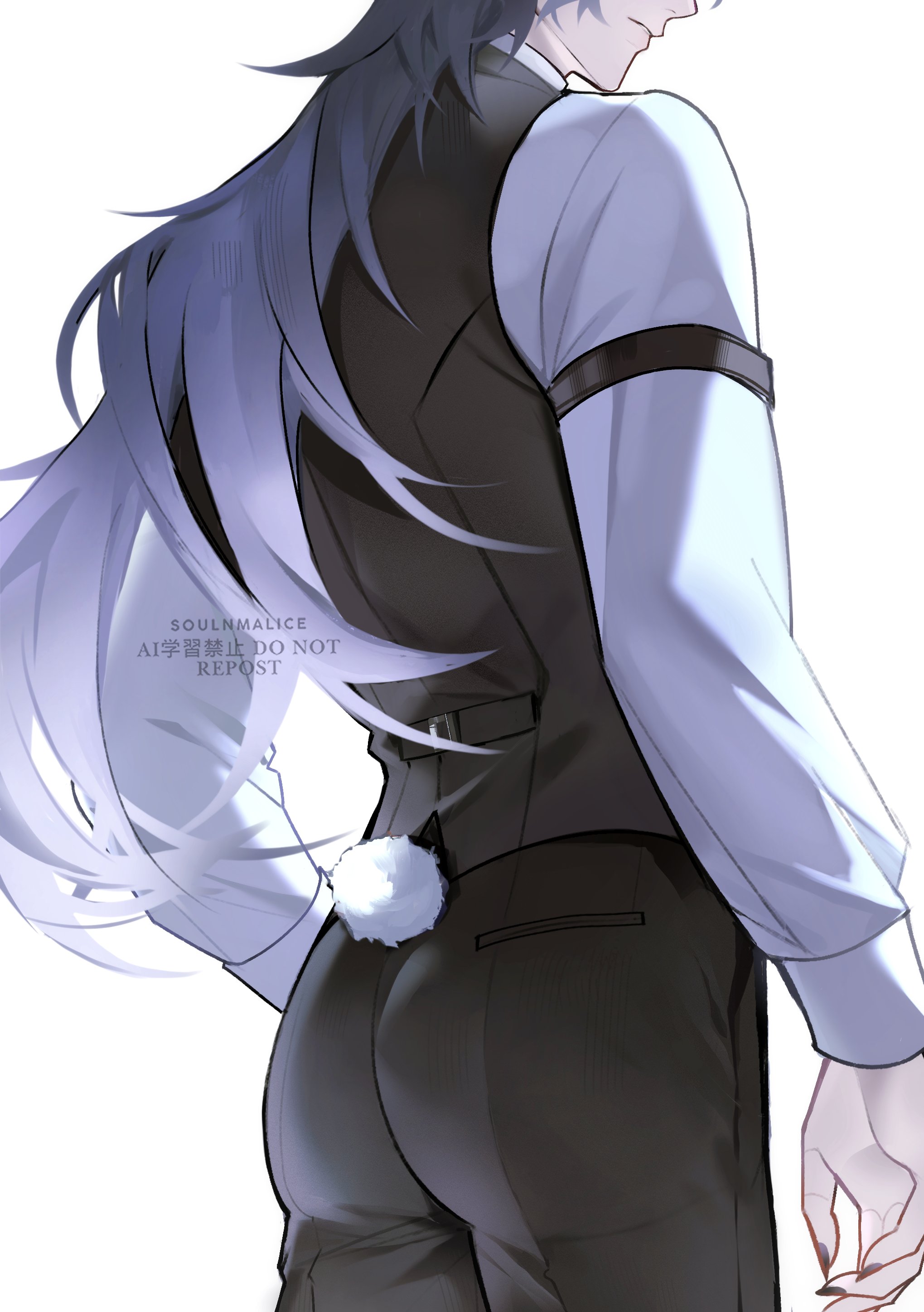 flins (genshin impact), genshin impact, absurdres, commentary, highres, 1boy, alternate costume, arm belt, ass, black nails, black pants, black vest, blue hair, fingernails, formal clothes, from behind, gradient hair, grey hair, head out of frame, long hair, long sleeves, male focus, multicolored hair, nail polish, pants, parted lips, rabbit tail, sharp fingernails, shirt, simple background, sleeve cuffs, solo, soulnmalice, standing, tail, very long hair, vest, watermark, white background, white shirt