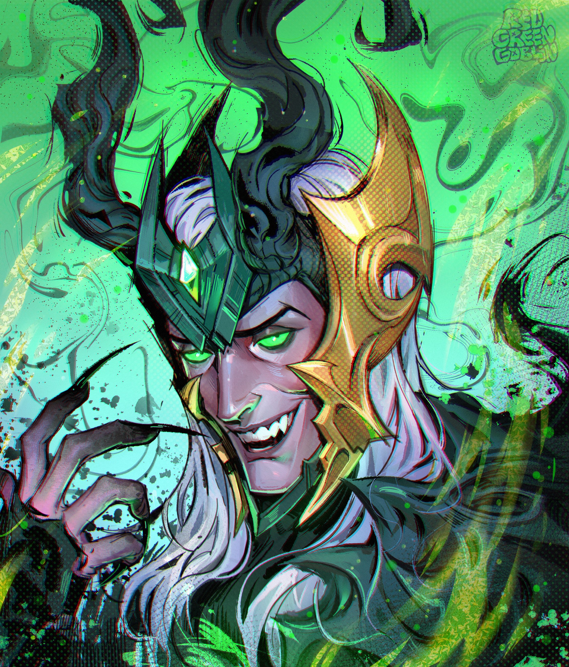 redgreengoblin, loki (marvel), marvel, marvel rivals, thor (marvel) (series), absurdres, commentary, english commentary, highres, 1boy, armor, black eyes, black nails, colored sclera, fake horns, fang, fingernails, glowing, glowing eyes, gold armor, green armor, green background, green sclera, green theme, hair slicked back, horned headwear, horns, loki (marvel) (all-butcher), long fingernails, long hair, looking at viewer, male focus, official alternate costume, open mouth, sharp fingernails, solo, teeth, upper body, white hair
