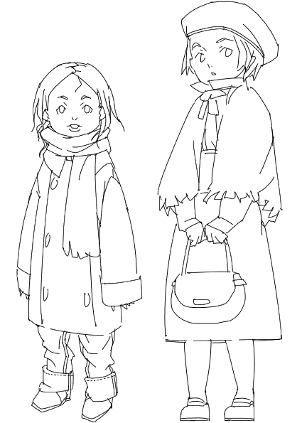 outtake, 2girls, bag, beret, hat, multiple girls, scarf