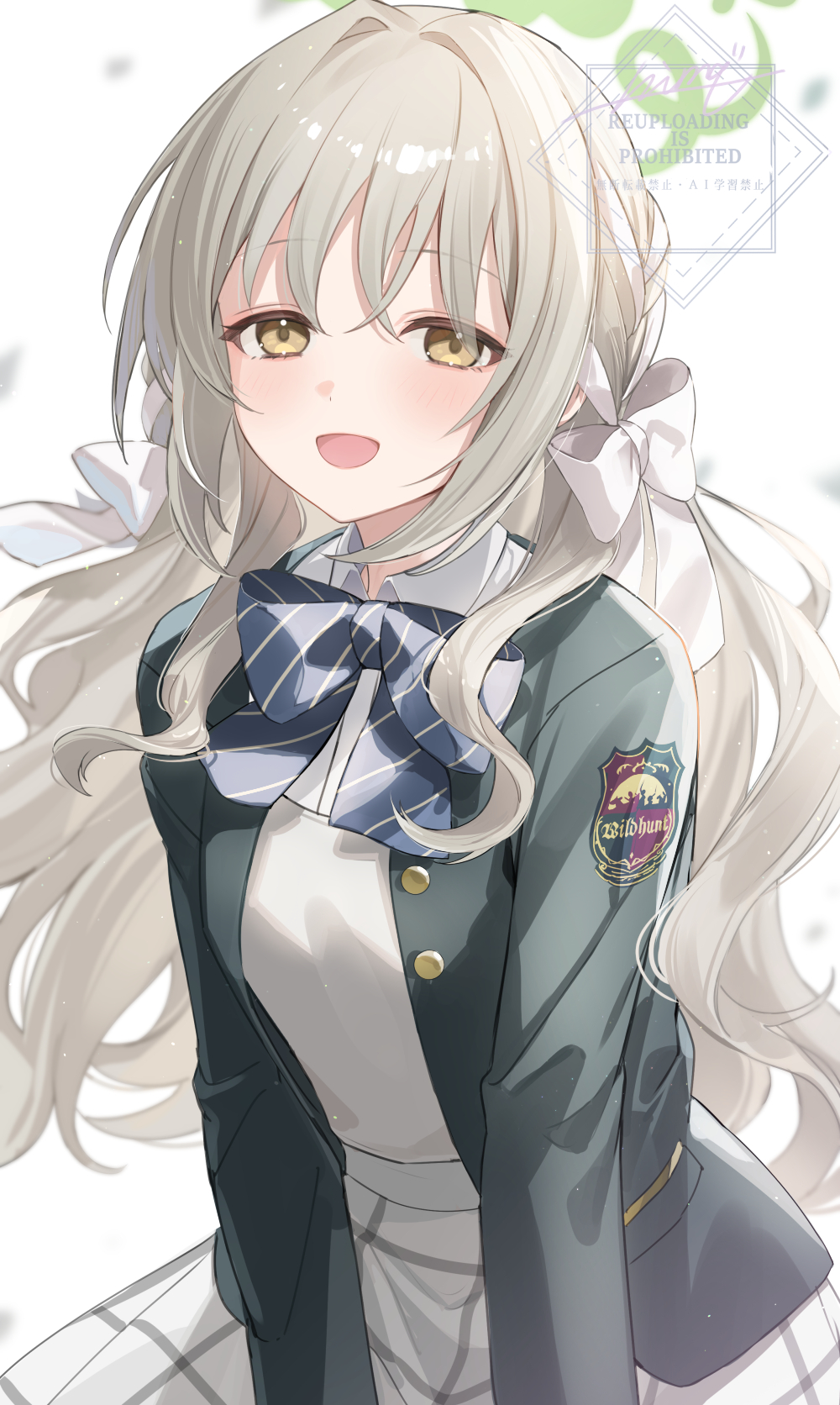 nima (niru54), miyo (blue archive), blue archive, commentary request, highres, 1girl, blush, bow, bowtie, breasts, collared shirt, green jacket, grey hair, grey skirt, halo, jacket, long hair, long sleeves, looking at viewer, open mouth, shirt, skirt, small breasts, smile, solo, white shirt, yellow eyes
