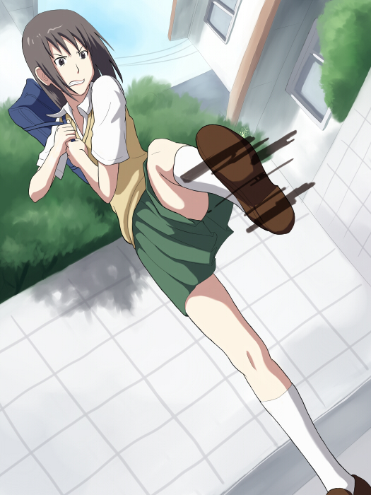 maasan, harakawa tamako, dennou coil, bad id, bad pixiv id, 00s, bag, high kick, kicking, school uniform, shoes, short hair, skirt, socks, solo