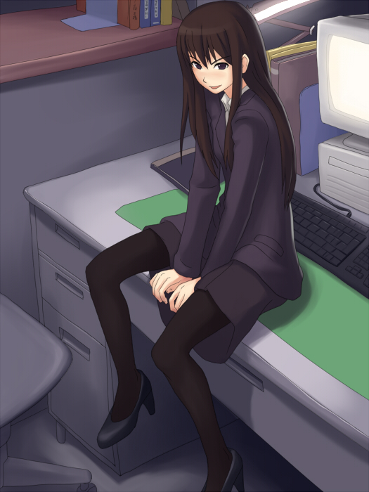 maasan, bad id, bad pixiv id, 1girl, black shoes, brown hair, computer, computer keyboard, desk, female focus, formal clothes, high heels, long hair, office lady, pantyhose, shoes, sitting, skirt, skirt suit, solo, suit