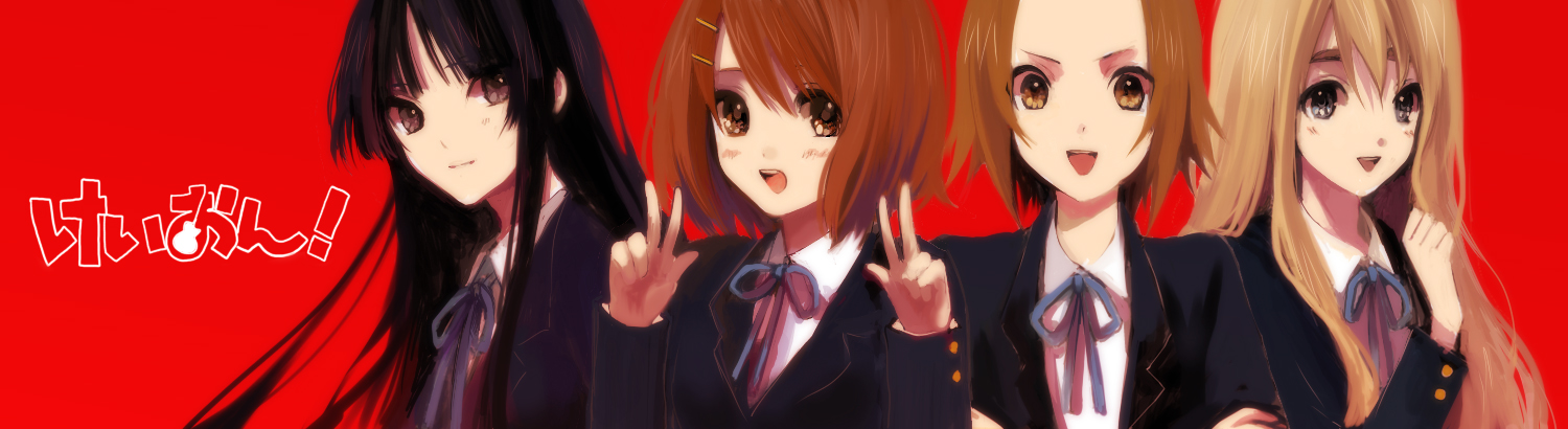 uno (artist), uno (colorbox), akiyama mio, hirasawa yui, kotobuki tsumugi, tainaka ritsu, k-on!, long image, wide image, 00s, 4girls, black hair, blonde hair, brown hair, ho-kago tea time, long hair, multiple girls, school uniform, short hair, v